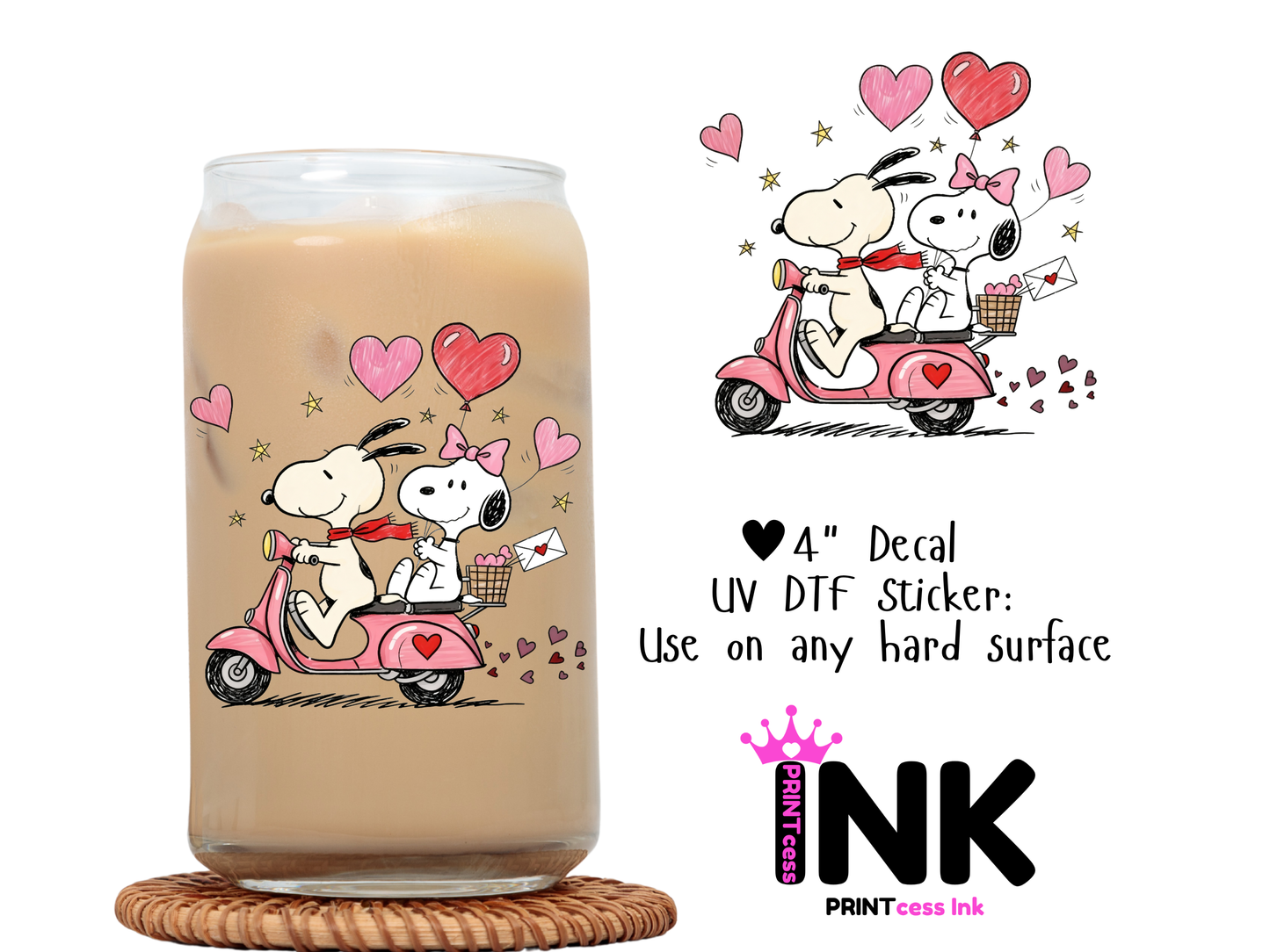 🎁 Valentines Snoopy UVDTF100733 UV DTF Sticker | Ready to Apply Decal | Waterproof Permanent Sticker for Tumblers, Cups, Laptops, and More| Tumbler Cup Decal 4" UV DTF Sticker (100% off)