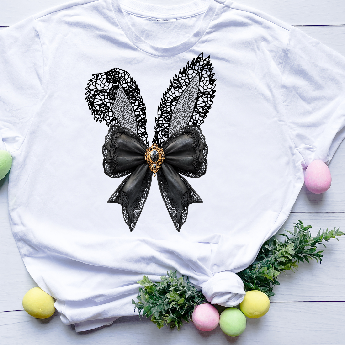 🎁 DTF Shirt Transfer - Ready to Press - Black Lace Bunny Ears - DTF100528 (100% off)