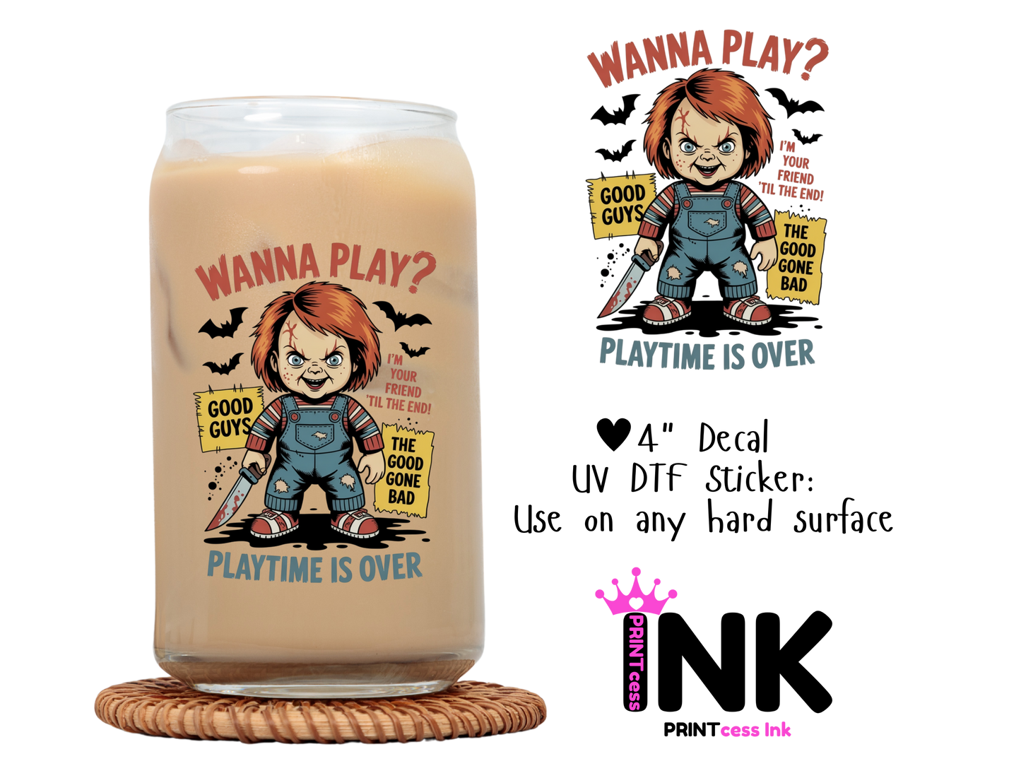 Wanna Play UVDTF100591 UV DTF Sticker | Ready to Apply Decal | Waterproof Permanent Sticker for Tumblers, Cups, Laptops, and More| Tumbler Cup Decal 4" UV DTF  Sticker