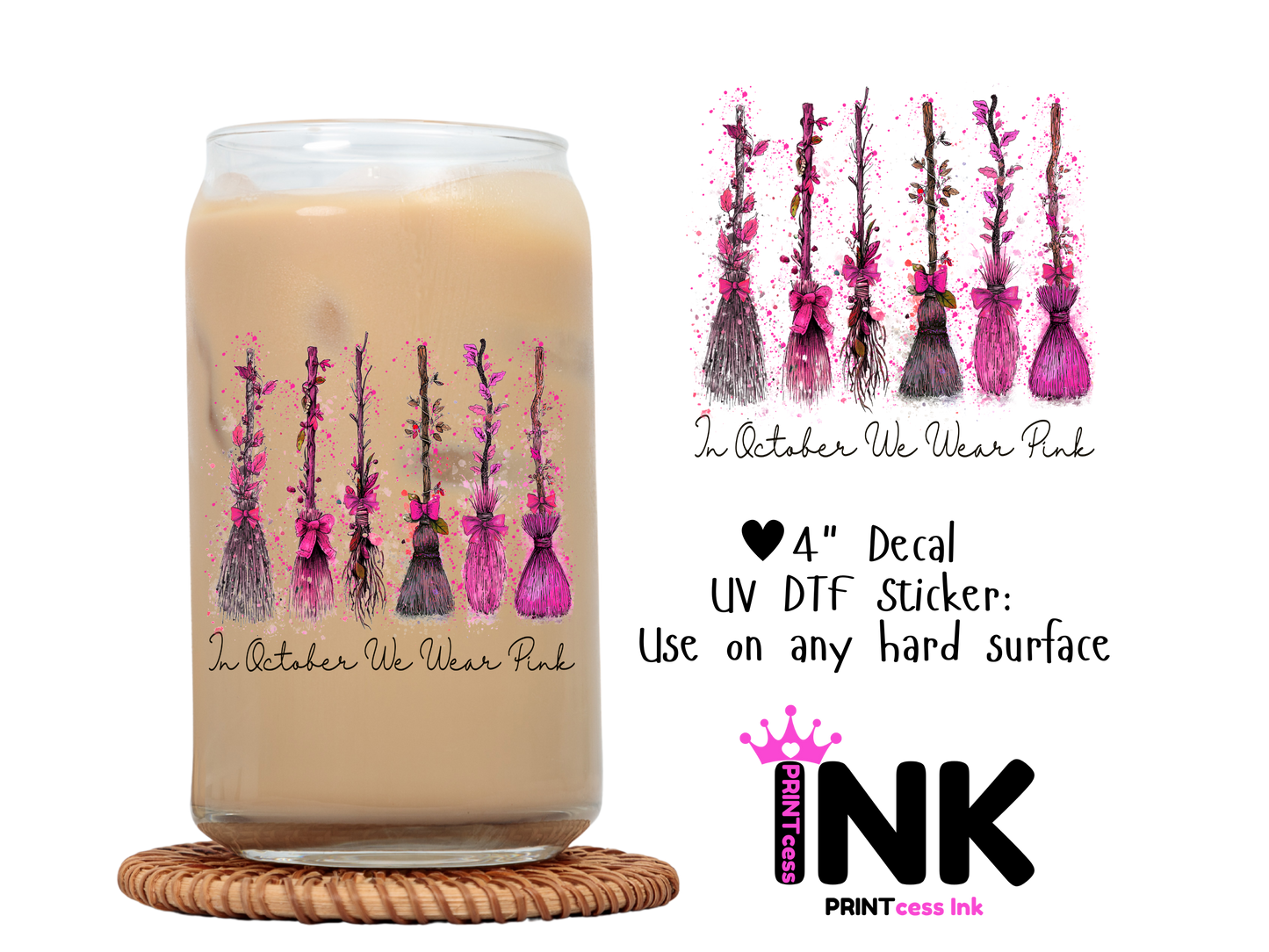 October we wear pink UVDTF100594 UV DTF Sticker | Ready to Apply Decal | Waterproof Permanent Sticker for Tumblers, Cups, Laptops, and More| Tumbler Cup Decal 4" UV DTF  Sticker