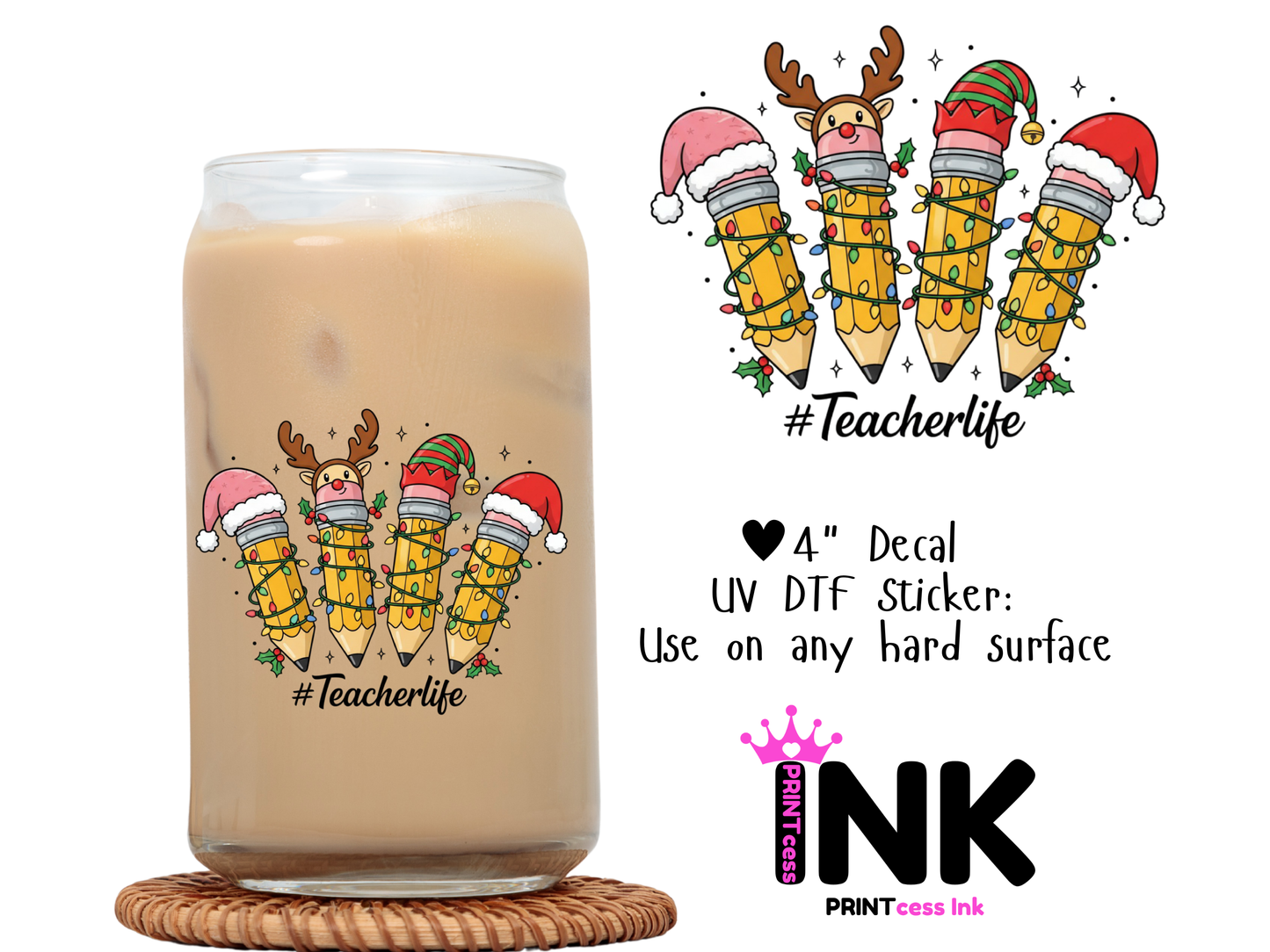 Teacher Christmas UVDTF100693 UV DTF Sticker | Ready to Apply Decal | Waterproof Permanent Sticker for Tumblers, Cups, Laptops, and More| Tumbler Cup Decal 4" UV DTF  Sticker