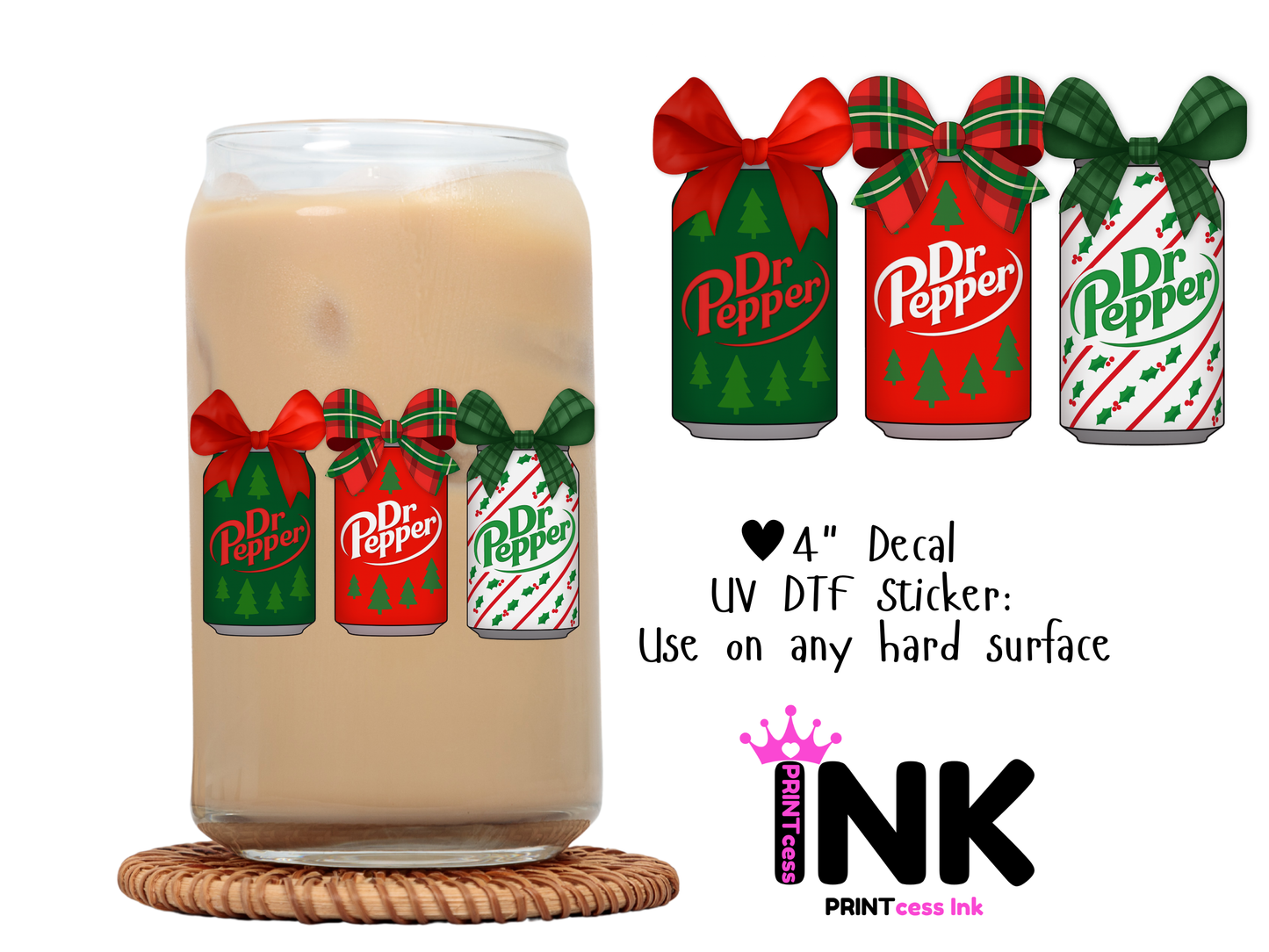 Dr Pepper Christmas UVDTF100598 UV DTF Sticker | Ready to Apply Decal | Waterproof Permanent Sticker for Tumblers, Cups, Laptops, and More| Tumbler Cup Decal 4" UV DTF  Sticker