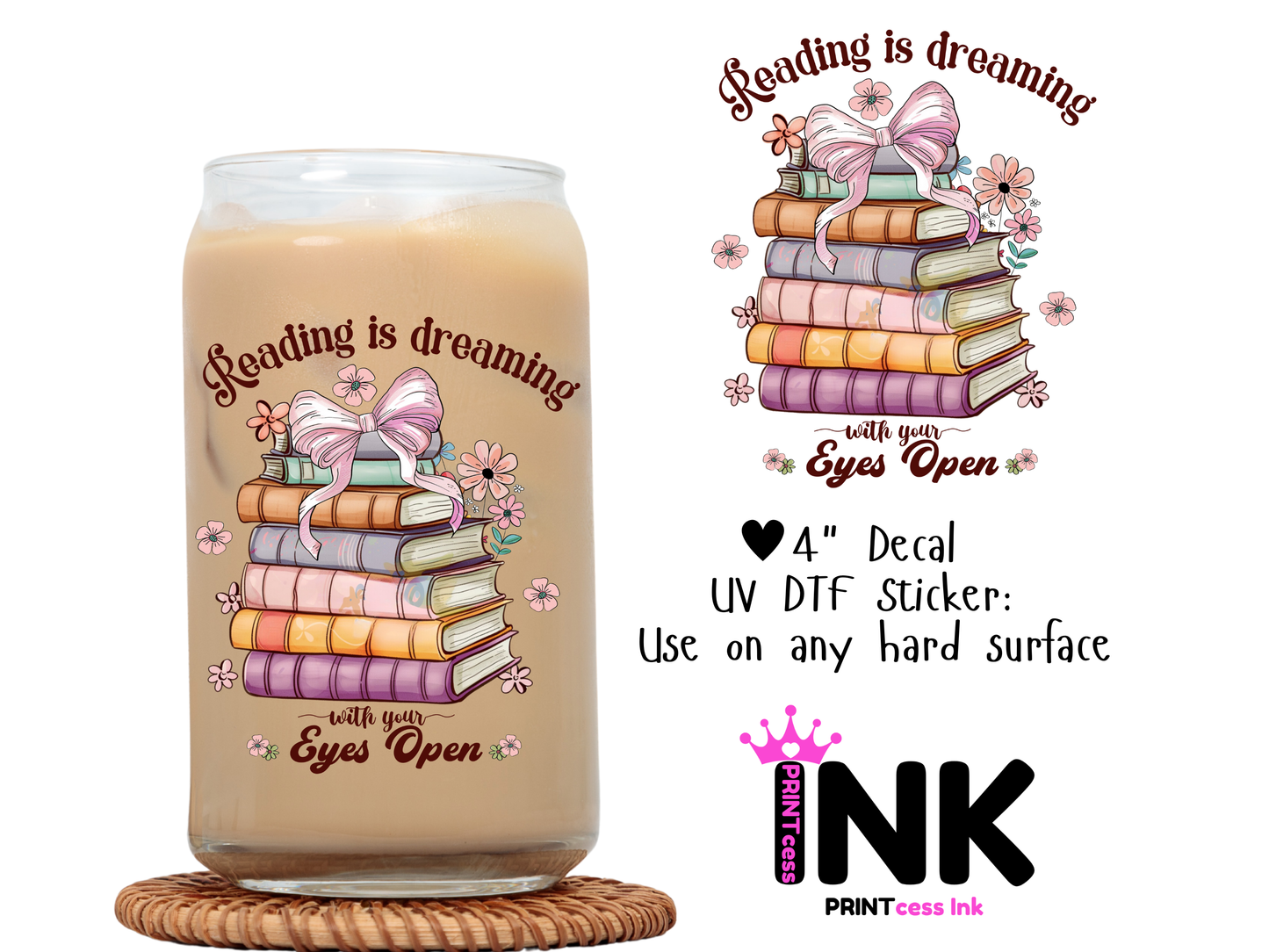 Books UVDTF100756 UV DTF Sticker | Ready to Apply Decal | Waterproof Permanent Sticker for Tumblers, Cups, Laptops, and More| Tumbler Cup Decal 4" UV DTF  Sticker