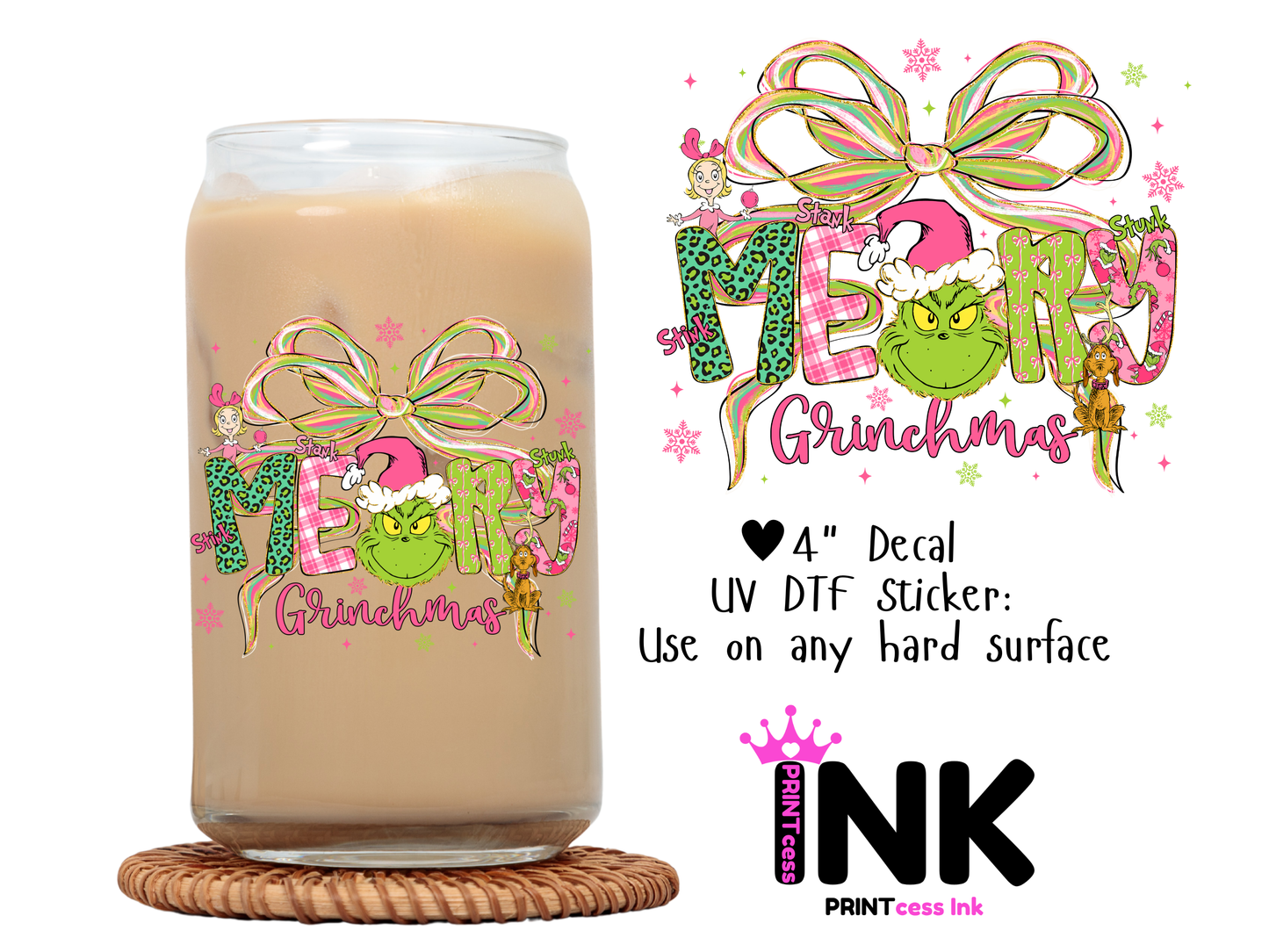 GrinchmasUVDTF100596 UV DTF Sticker | Ready to Apply Decal | Waterproof Permanent Sticker for Tumblers, Cups, Laptops, and More| Tumbler Cup Decal 4" UV DTF  Sticker