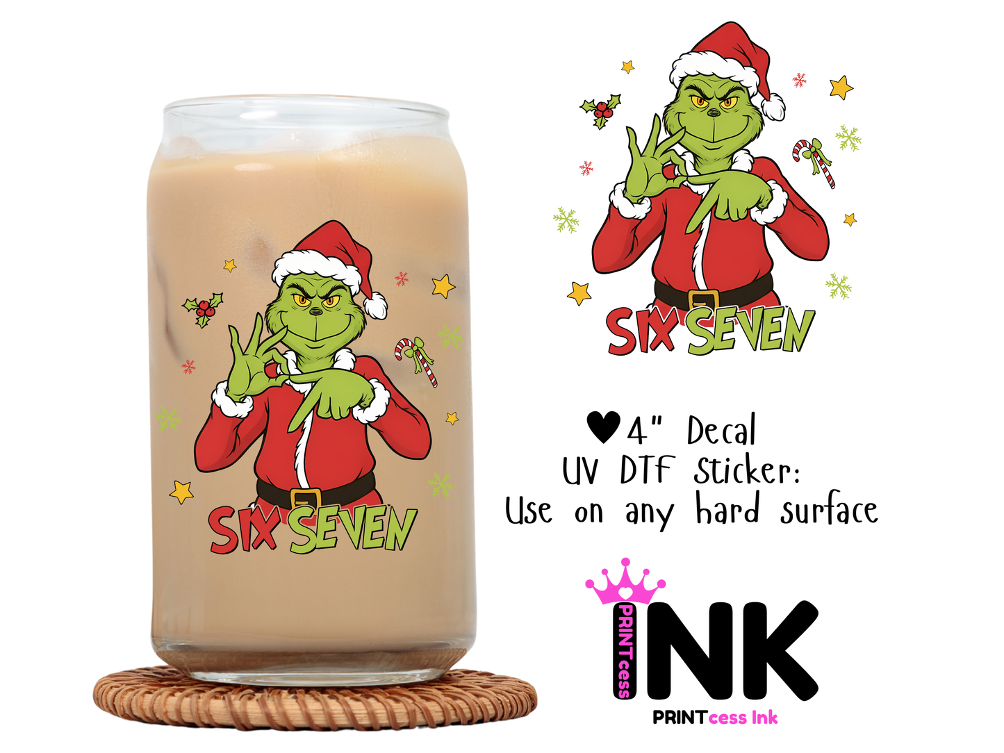 Grinch 6 7 UVDTF100600 UV DTF Sticker | Ready to Apply Decal | Waterproof Permanent Sticker for Tumblers, Cups, Laptops, and More| Tumbler Cup Decal 4" UV DTF  Sticker