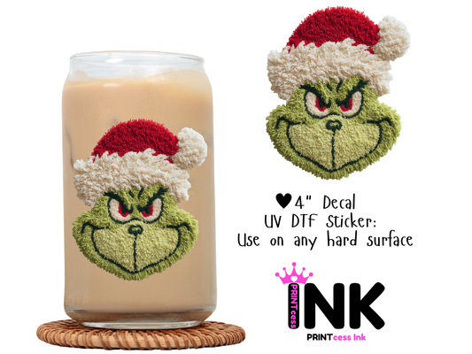 Grinch UVDTF100656 UV DTF Sticker | Ready to Apply Decal | Waterproof Permanent Sticker for Tumblers, Cups, Laptops, and More| Tumbler Cup Decal 4" UV DTF  Sticker