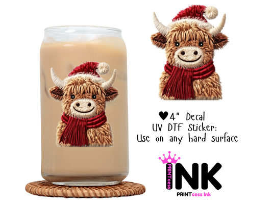 Christmas Cow UVDTF100611 UV DTF Sticker | Ready to Apply Decal | Waterproof Permanent Sticker for Tumblers, Cups, Laptops, and More| Tumbler Cup Decal 4" UV DTF  Sticker