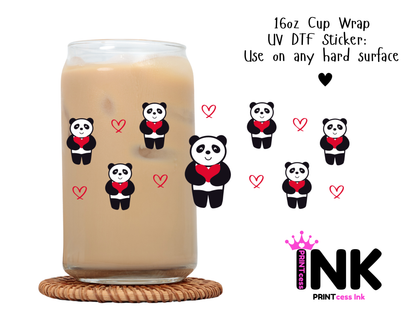 Valentines Panda UVDTF100721 UV DTF Sticker | Ready to Apply Decal | Waterproof Permanent Sticker for Tumblers, Cups, Laptops, and More| Tumbler Cup Decal 4" UV DTF  Sticker