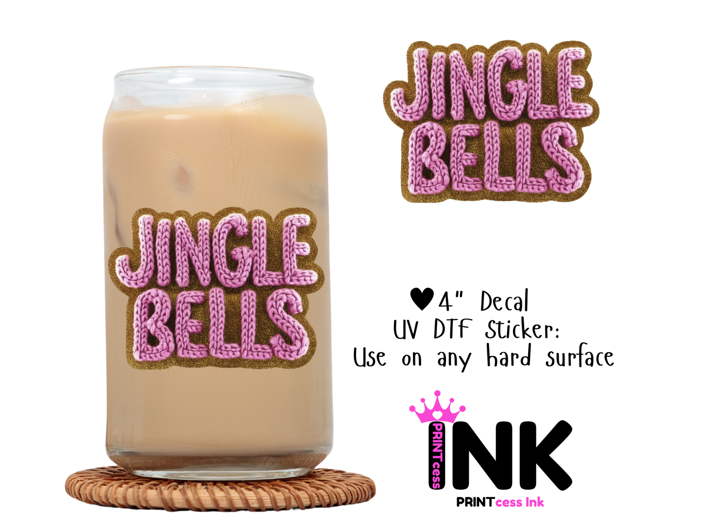 Jingle Bells UVDTF100610 UV DTF Sticker | Ready to Apply Decal | Waterproof Permanent Sticker for Tumblers, Cups, Laptops, and More| Tumbler Cup Decal 4" UV DTF  Sticker