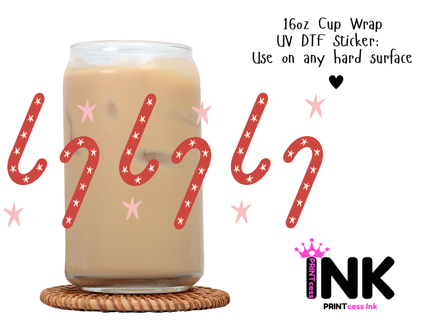 Candycanes UVDTF100664 UV DTF Sticker | Ready to Apply Decal | Waterproof Permanent Sticker for Tumblers, Cups, Laptops, and More| Tumbler Cup Decal 4" UV DTF  Sticker