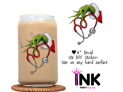Nurse Grinch UVDTF100686 UV DTF Sticker | Ready to Apply Decal | Waterproof Permanent Sticker for Tumblers, Cups, Laptops, and More| Tumbler Cup Decal 4" UV DTF  Sticker