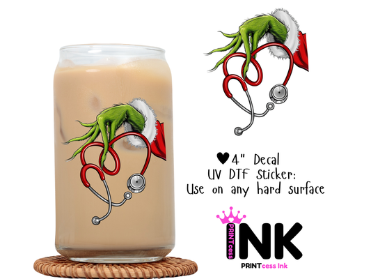 Nurse Grinch UVDTF100686 UV DTF Sticker | Ready to Apply Decal | Waterproof Permanent Sticker for Tumblers, Cups, Laptops, and More| Tumbler Cup Decal 4" UV DTF  Sticker