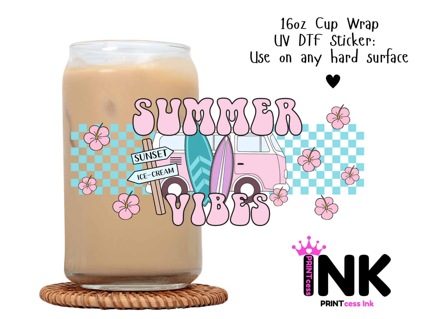 Summer vibes UVDTF100774 UV DTF Sticker | Ready to Apply Decal | Waterproof Permanent Sticker for Tumblers, Cups, Laptops, and More| Tumbler Cup Decal 4" UV DTF  Sticker