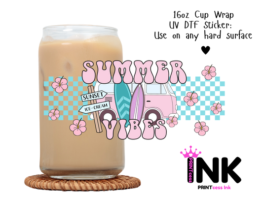 Summer vibes UVDTF100774 UV DTF Sticker | Ready to Apply Decal | Waterproof Permanent Sticker for Tumblers, Cups, Laptops, and More| Tumbler Cup Decal 4" UV DTF  Sticker