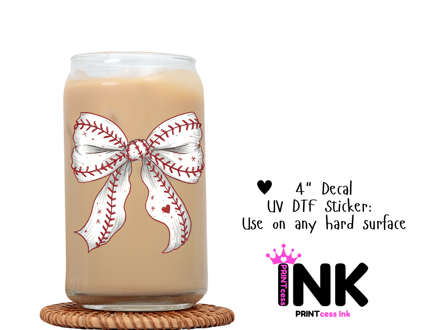 Baseball Bow UVDTF100801 UV DTF Sticker | Ready to Apply Decal | Waterproof Permanent Sticker for Tumblers, Cups, Laptops, and More| Tumbler Cup Decal 4" UV DTF  Sticker
