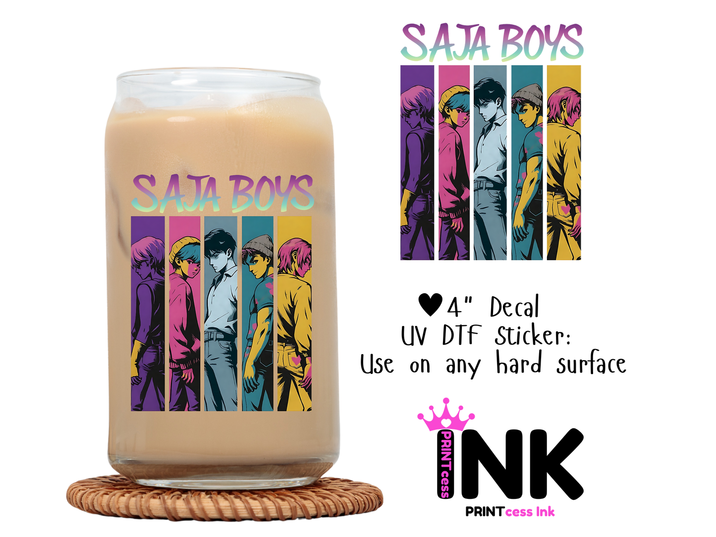 Saja Boys UVDTF100592 UV DTF Sticker | Ready to Apply Decal | Waterproof Permanent Sticker for Tumblers, Cups, Laptops, and More| Tumbler Cup Decal 4" UV DTF  Sticker