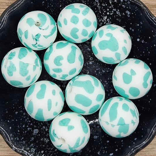 Patterned Round Silicone Bead - 15mm - Turquoise Cowhide