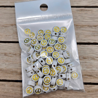 White with Gold Peace Sign Acrylic Beads | Acrylic bead for crafting, bracelets, jewellery