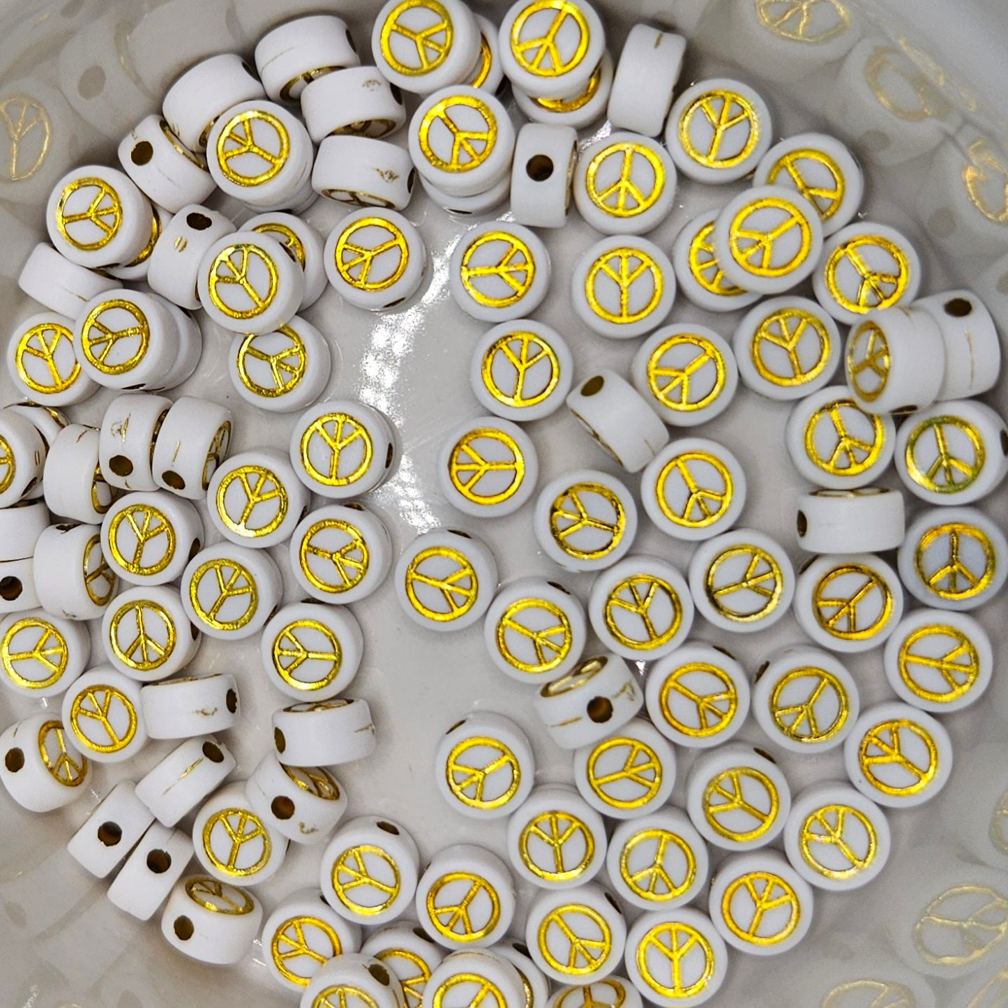 White with Gold Peace Sign Acrylic Beads | Acrylic bead for crafting, bracelets, jewellery