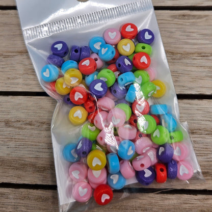 Round Heart Acrylic Beads (100) | friendship beads | colorful heart beads | wristlet beads