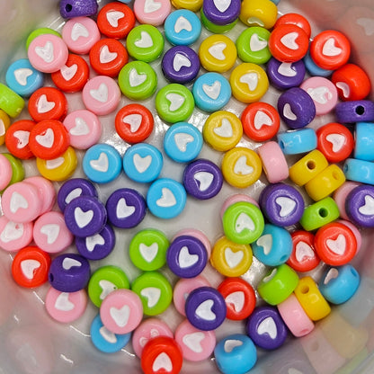 Round Heart Acrylic Beads (100) | friendship beads | colorful heart beads | wristlet beads