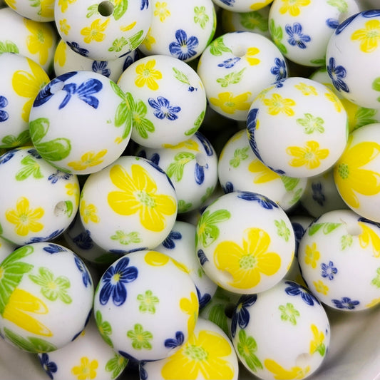 Patterned Round Silicone Bead - 15mm - Yellow, Green, Blue Flowers