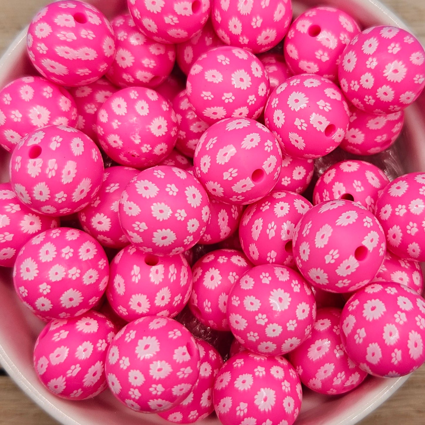 Patterned Round Silicone Bead - 15mm - Pink with White Flowers