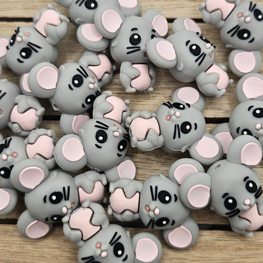 Silicone Focal Beads: 3D Light Grey Mouse | Cartoon Beads | DIY Craft Beads | Beads for wristlets, pens, keychains