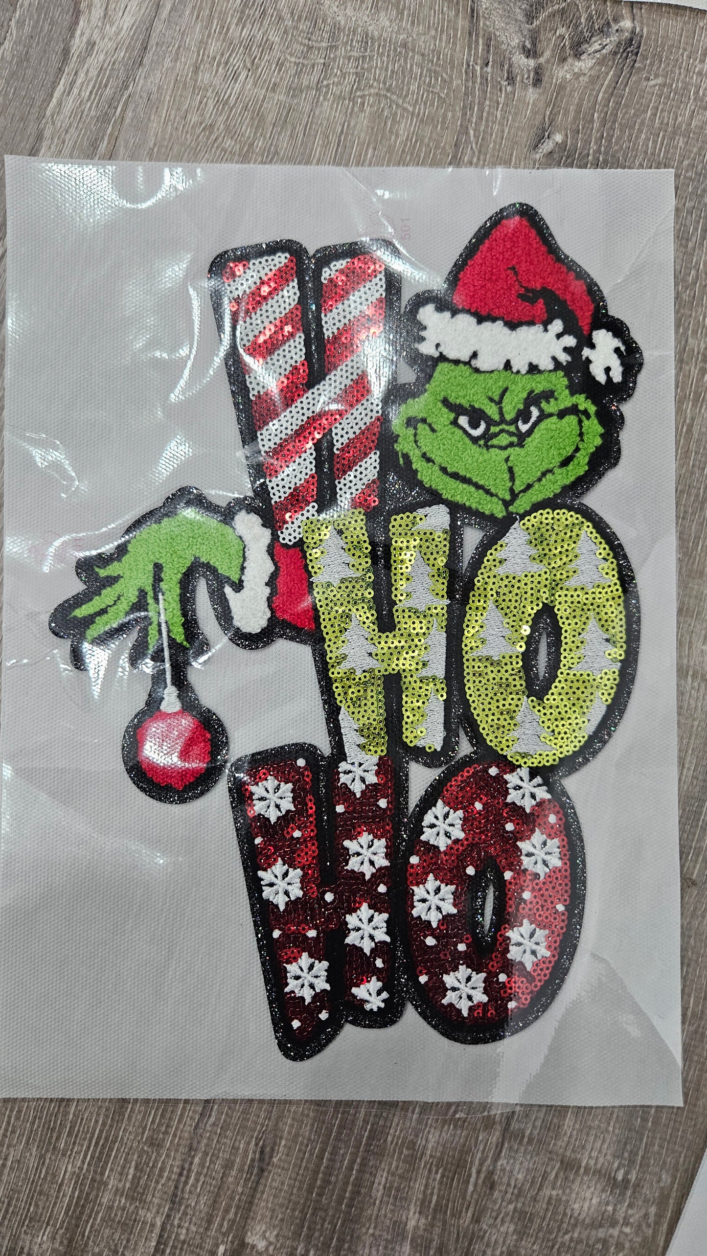 Sequin and Chenille Iron On Patch: Grinch Ho Ho Ho