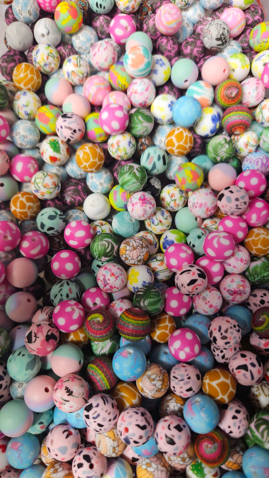 Patterned Round Silicone Bead - 15mm - Mixed Pack of 50