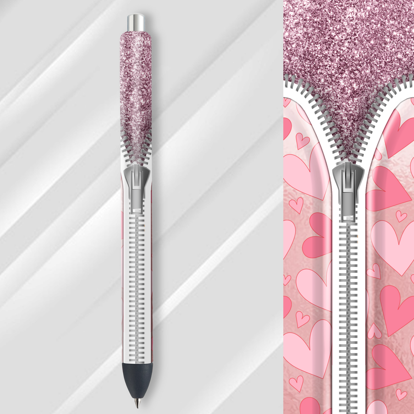 Vinyl Pen Wrap / Bookmark Prints - Pink Heart Zipper - P100059