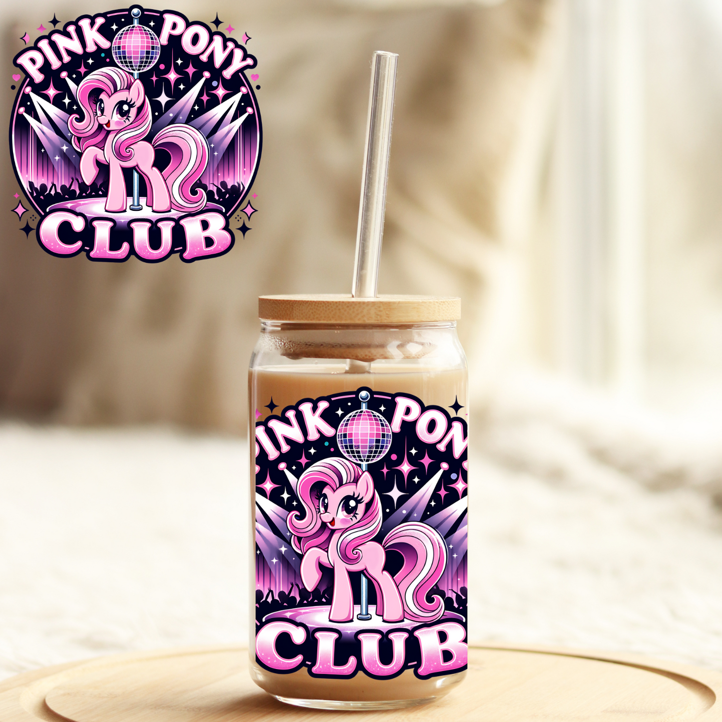 Tumbler Cup Wrap 16oz UV DTF Crystal Sticker: Pink Pony Club UVDTF100451