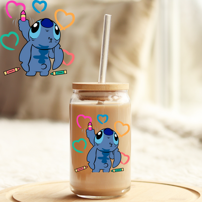 Tumbler Cup Wrap 16oz UV DTF Crystal Sticker: Blue Alien Drawing UVDTF100346
