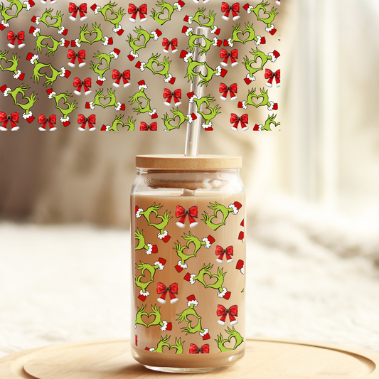 Tumbler Cup Wrap 16oz UV DTF Crystal Sticker: Grinch Hands UVDTF100304