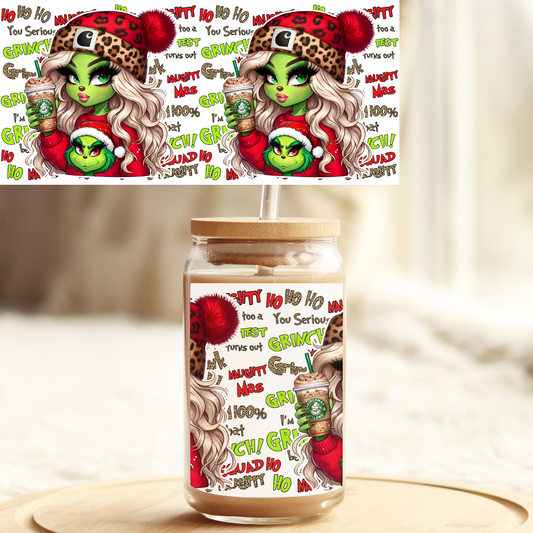 Tumbler Cup Wrap 16oz UV DTF Crystal Sticker: Lady Grinch UVDTF100308