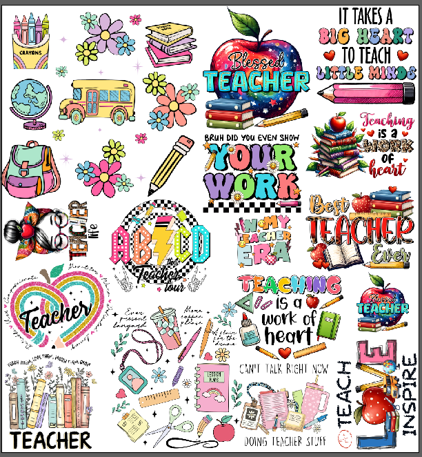 Tumbler Cup Wrap 16oz UV DTF Crystal Sticker: Teacher 1 Gang Sheet UVDTF100432