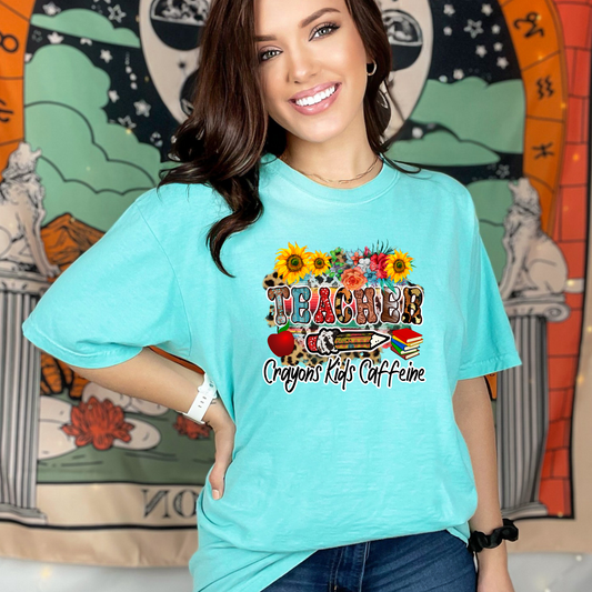 DTF Shirt Transfer - Teacher Crayons Kids Caffeine - DTF100034 - Cutey K Blanks