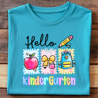 DTF T-Shirt Transfer | Ready to Press | DIY Heat Transfer for Clothing, Hoodies, Sweatshirt | Hello Kindergarten DTF100936