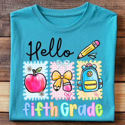DTF T-Shirt Transfer | Ready to Press | DIY Heat Transfer for Clothing, Hoodies, Sweatshirt | Hello fifth grade DTF100937