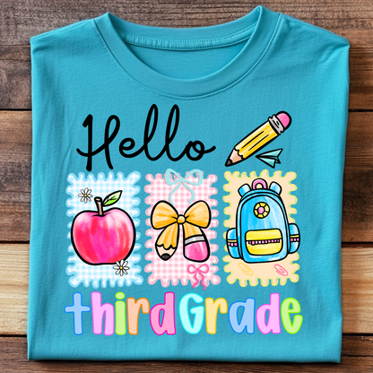 DTF T-Shirt Transfer | Ready to Press | DIY Heat Transfer for Clothing, Hoodies, Sweatshirt | Hello third grade DTF100938