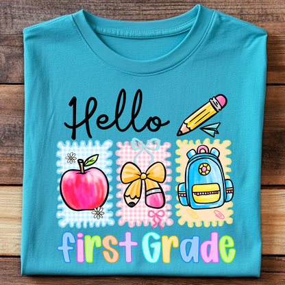 DTF T-Shirt Transfer | Ready to Press | DIY Heat Transfer for Clothing, Hoodies, Sweatshirt | Hello first grade DTF100942