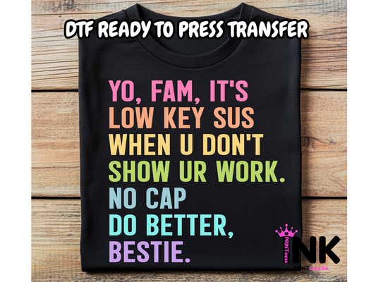 Low Key Sus DTF101320| DTF T-Shirt Transfer | Ready to Press | DIY Heat Transfer for Clothing, Hoodies, Sweatshirt