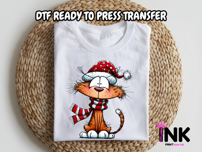 Christmas Cat DTF101177| DTF T-Shirt Transfer | Ready to Press | DIY Heat Transfer for Clothing, Hoodies, Sweatshirt