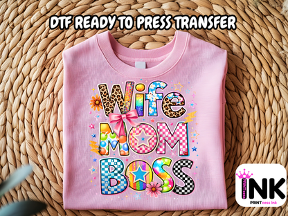 Mom, wife, boss -DTF101652- T-Shirt Transfer | Ready to Press | DIY Heat Transfer for Clothing, Hoodies, Sweatshirt