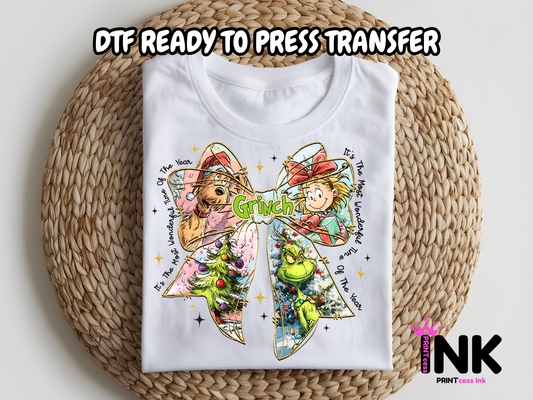 Grinch Bow DTF101134| DTF T-Shirt Transfer | Ready to Press | DIY Heat Transfer for Clothing, Hoodies, Sweatshirt