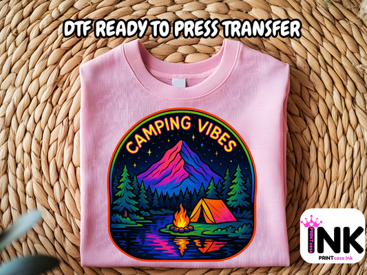 Camping DTF101414 DTF T-Shirt Transfer | Ready to Press | DIY Heat Transfer for Clothing, Hoodies, Sweatshirt