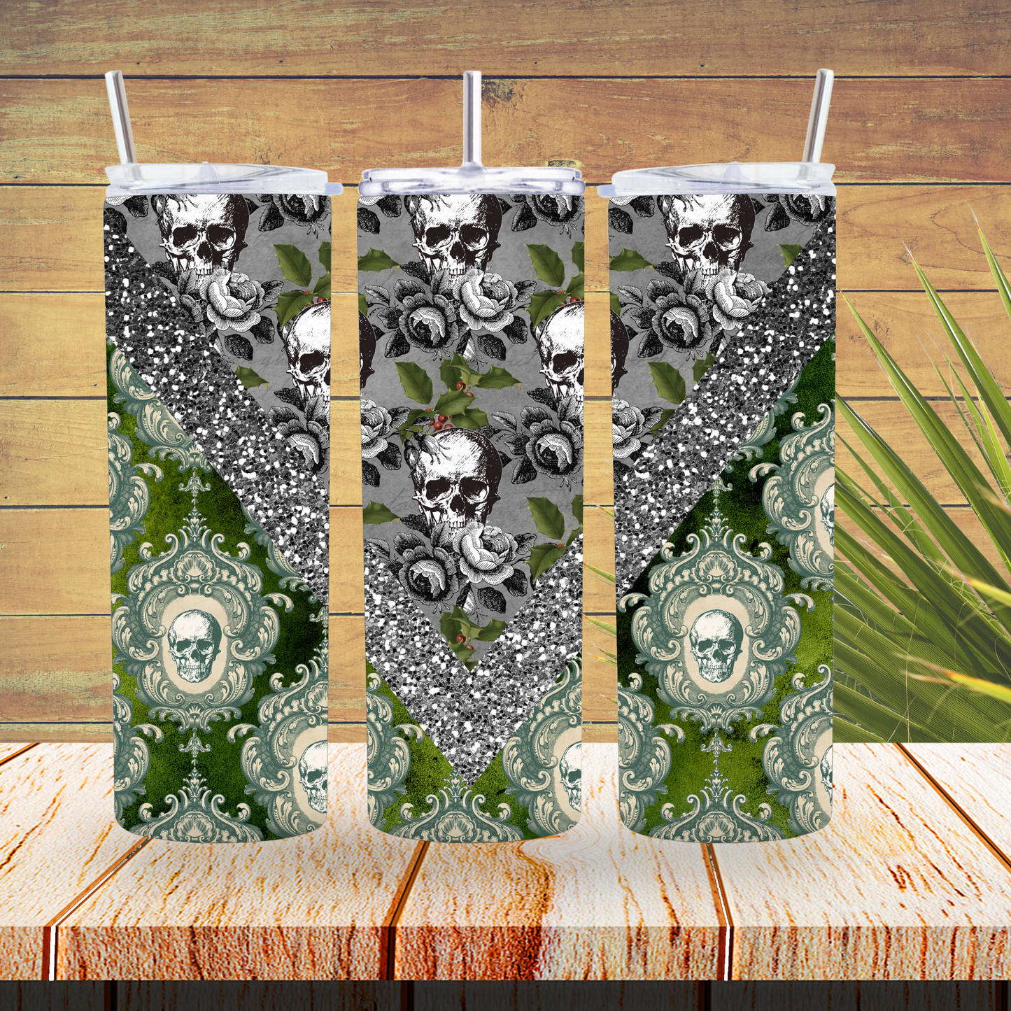 Ready to Use - Sublimation or Vinyl Tumbler Wraps  - Green Skulls V Split- TW100386