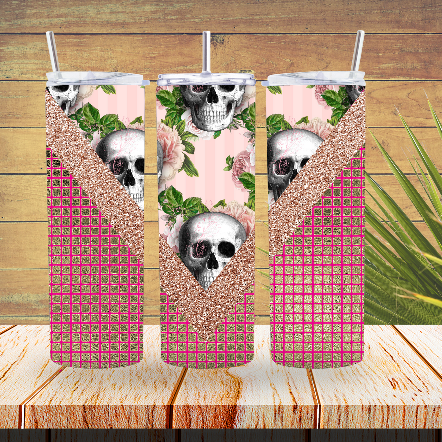 Vinyl Tumbler Wraps  - Pink Skulls V Split- TW100396