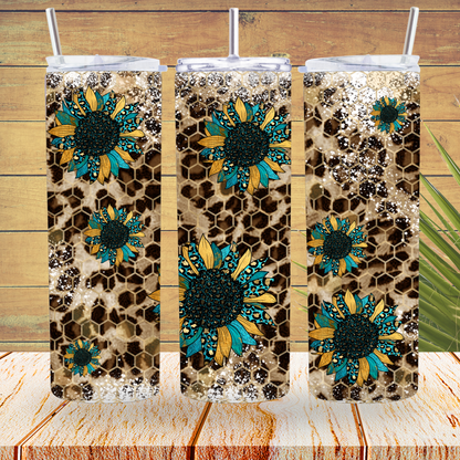 Ready to Use - Tumbler Wraps - Vinyl or Sublimation - Leopard Teal Sunflower - TW100926