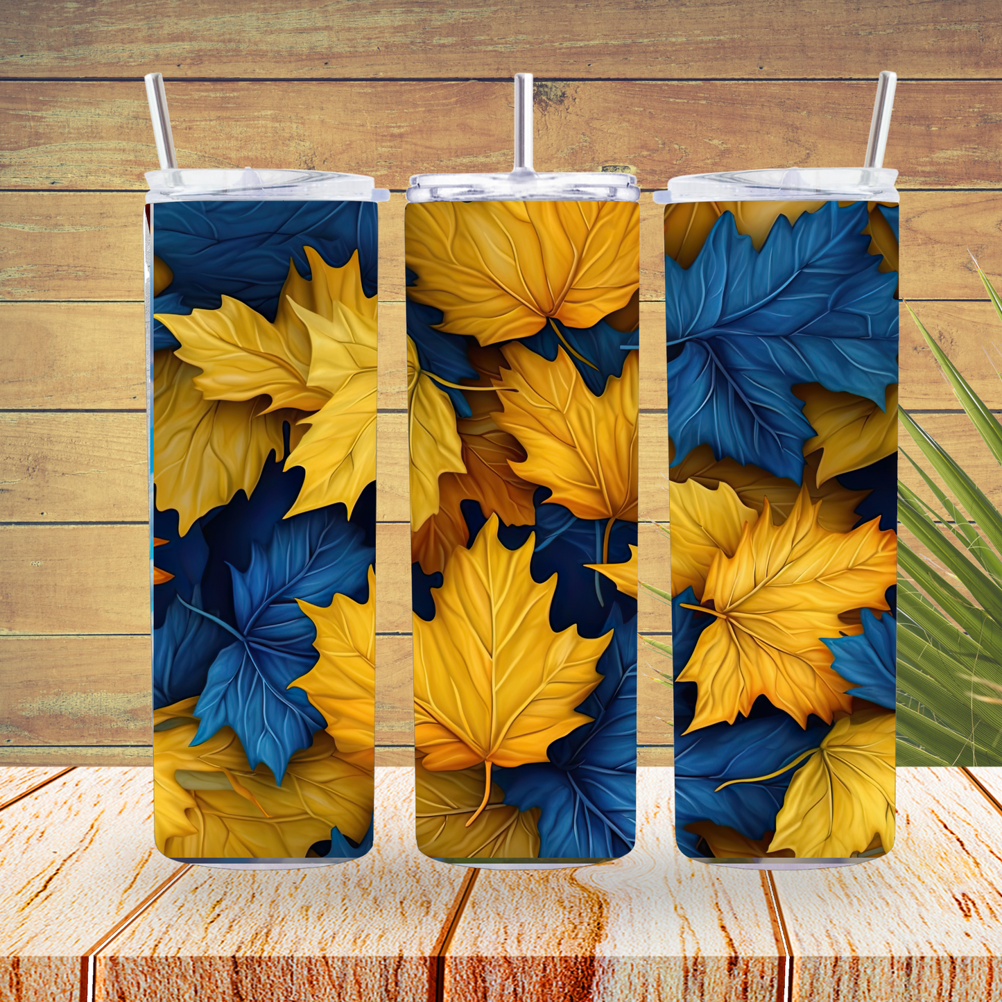 Ready to Use - Sublimation or Vinyl - Tumbler Wraps  - Blue Yellow Maple Leaves - TW100151